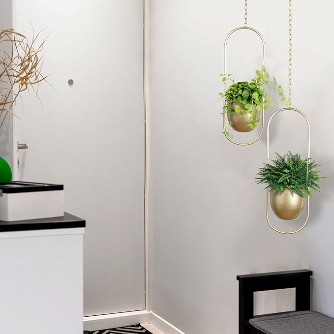 Boho Hanging Planter for Indoor Plants - Set of 2 Gold Metal Wall Planter 5.7Inch with Hooks and Chins, Plant Hanger Decor for Window and Patio - Suitable for Hanging Plants Decor
