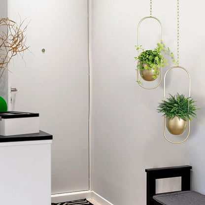 Boho Hanging Planter for Indoor Plants - Set of 2 Gold Metal Wall Planter 5.7Inch with Hooks and Chins, Plant Hanger Decor for Window and Patio - Suitable for Hanging Plants Decor