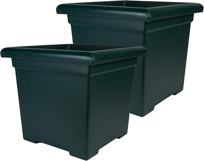 The HC Companies 15.5 Inch Accent Square Plant Pots with Drainage, Lightweight UV-Resistant Plastic Planters for Indoor & Outdoor Plants, 2-Pack Flower Pots for Garden, Office & Home Decor, Evergreen