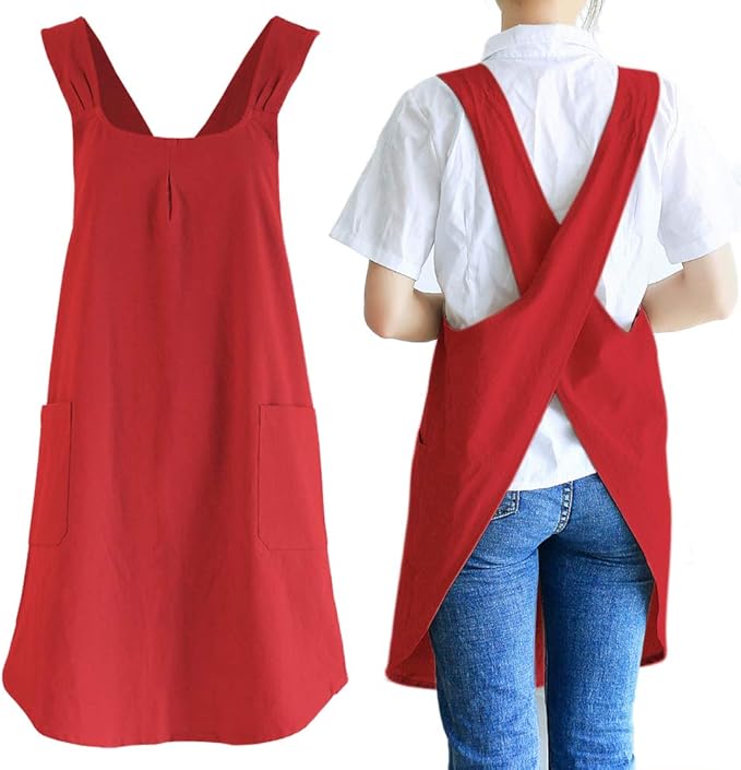 NEWGEM Japanese Linen Cross Back Cooking Aprons for Women Men with Pockets Cute for Baking Kitchen