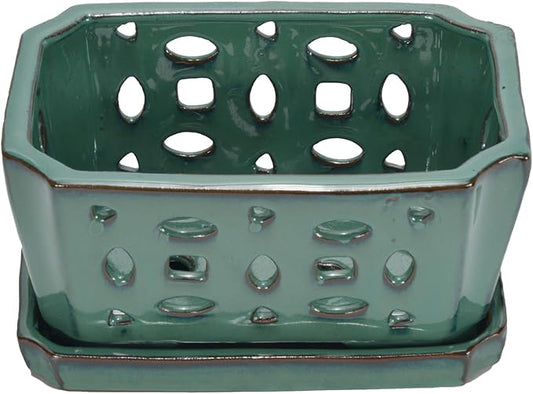 W&W Orchid Pot with Holes and Saucer for Repotting, Green, 9.7 Inches