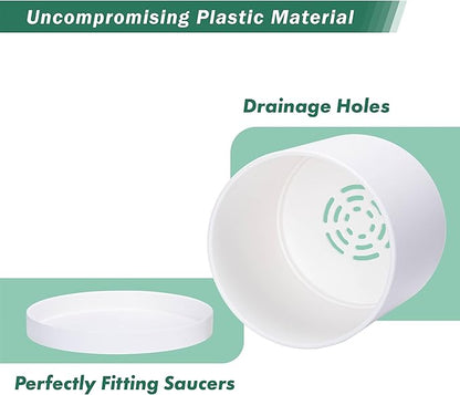 D'vine Dev 8 Inch Plastic Planter Pots for Plant Pot with Drainage Hole and Seamless Saucers, White Color, 74-X-A-1