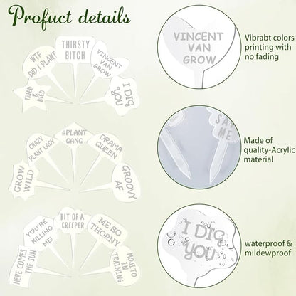 arricraft 15 Pcs T-Shaped Acrylic Plant Labels, Funny Phrases Jokes Waterproof Garden Stake Labels Transparent Funny Marker for Potted Plants Nursery Marker Decoration 4×2.68inch