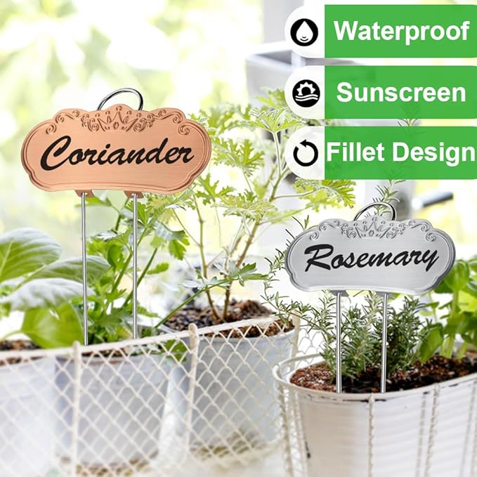 30 PacksTCYPUHL Metal Plant Labels, Tall Outdoor Garden Markers for Flowers, Fruits and Vegetables, 304 Stainless Steel Weatherproof Signs (4" x 1.9", Silver, Black and Gold)