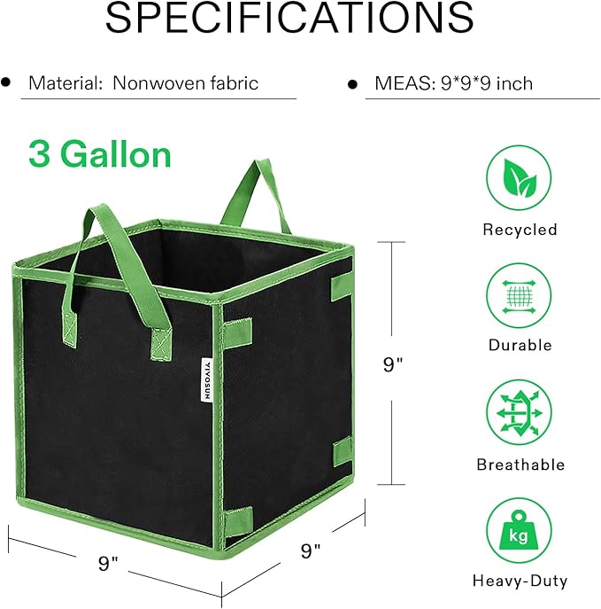 VIVOSUN 5 Pack 3 Gallon Square Grow Bags, Thick Nonwoven Cubic Fabric Pots with Handles for Indoor and Outdoor Gardening