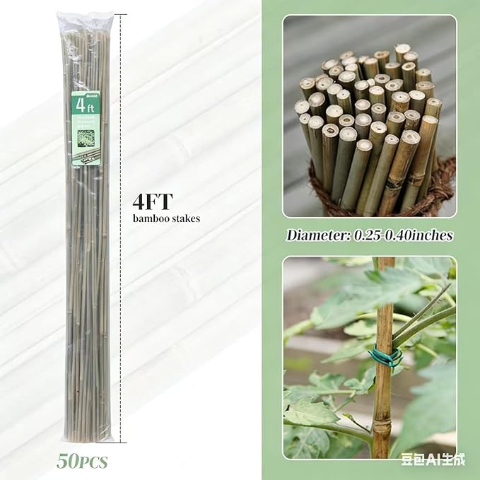 50Pcs Plant Stakes, 4.0 FT Natural Bamboo Garden Stakes, Plant Support Stakes,Bamboo Sticks for Tomato,Beans, Flowers, Vegetable and Climbing Plants