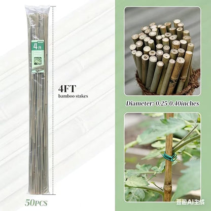 50Pcs Plant Stakes, 4.0 FT Natural Bamboo Garden Stakes, Plant Support Stakes,Bamboo Sticks for Tomato,Beans, Flowers, Vegetable and Climbing Plants