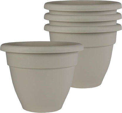 The HC Companies 8 Inch Caribbean Planter Pots with Drainage & Plug, Rolled Rim Plastic Planters for Indoor Outdoor Plants, 4-Pack Decorative Flower Pots for Garden, Office & Home Decor, Cottage Stone