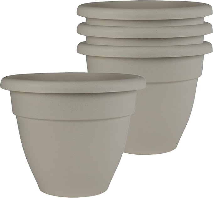 The HC Companies 6 Inch Caribbean Planter Pots with Drainage & Plug, Rolled Rim Plastic Planters for Indoor Outdoor Plants, 4-Pack Decorative Flower Pots for Garden, Office & Home Decor, Cottage Stone