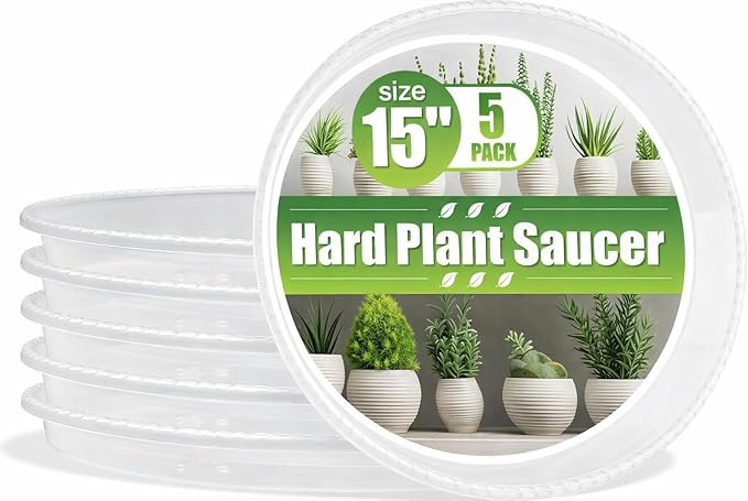 15 Inch Plant Saucers,5 Pack Clear Plastic Plant Trays,Thick Heavy Duty Pot Drip Trays for Indoor Outdoor Large Flower Pots,Transparent Plant Water Saucers
