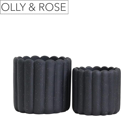 Olly & Rose iOS Vertical Striped Ribbed Plant Pot - Charcoal Speckled Ceramic Planters - 6.6 + 5 Inch Indoor and Outdoor Flower Pots Home Decor (Black Ribbed)