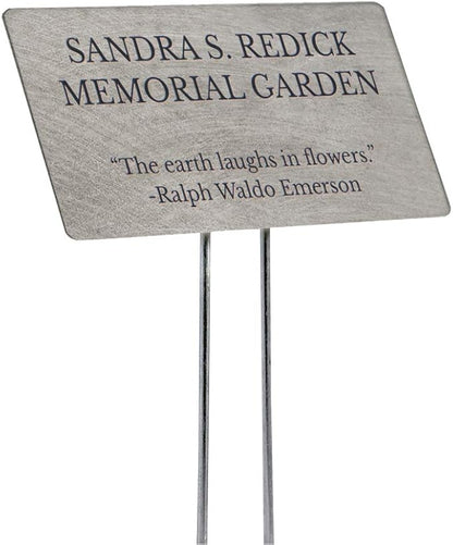 Outdoor Metal Garden Sign, Label, or Memorial. 4 x 2" or 6 x 4" sign with rounded corners and a 10" stake. Materials Include: Stainless Steel, Brass, Copper, Bronze and Titanium. (Titanium, 4 x 2")