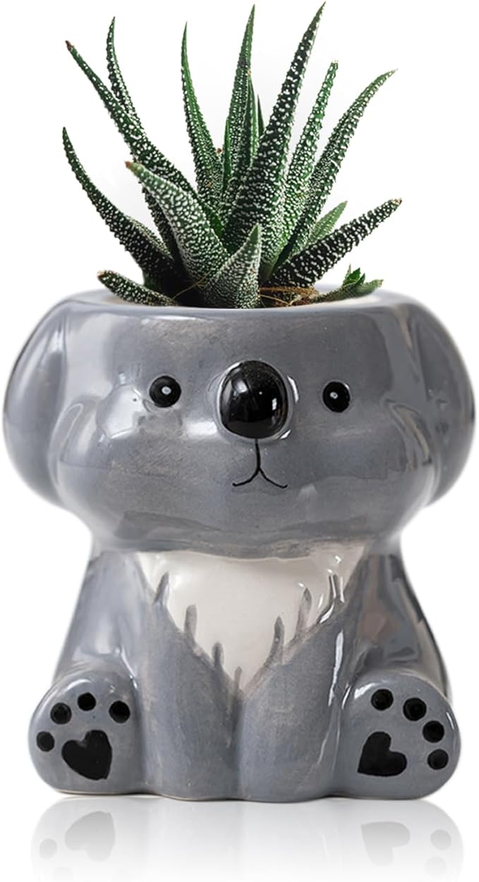 DIYOMR Cute Animals Planter, Mini Ceramic Cartoon Animal Shaped Succulent Flower Pot Indoor Air Plants Holder, Smooth Shiny Decorative Flower Cactus Planter - Plants Not Included (Koala)