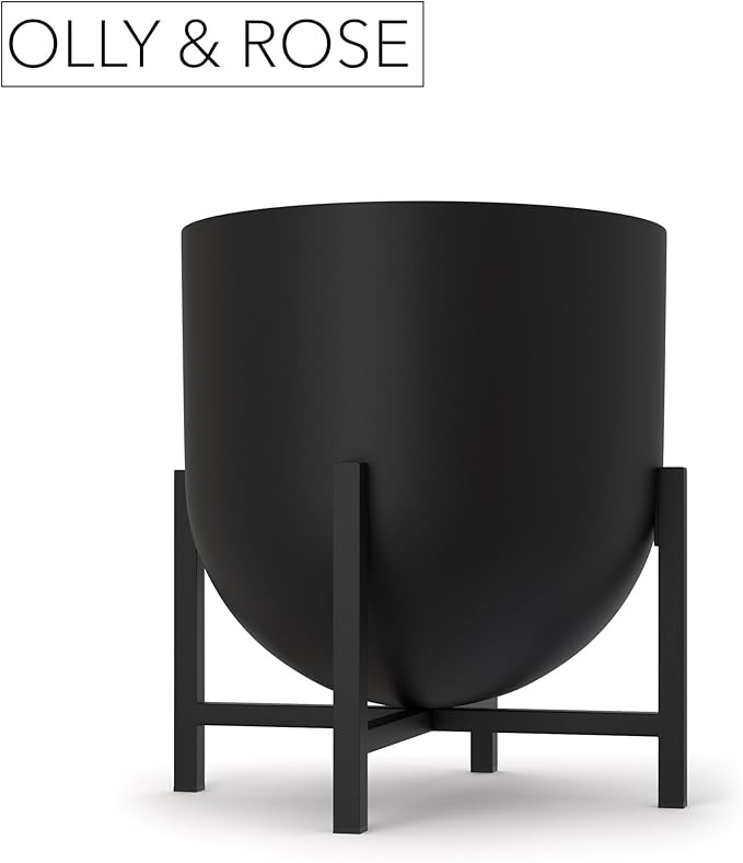 Olly & Rose Plant Pot with Plant Stand - Metal Plant Pots Indoor Planter 22cm Large Flower Pot (Black)