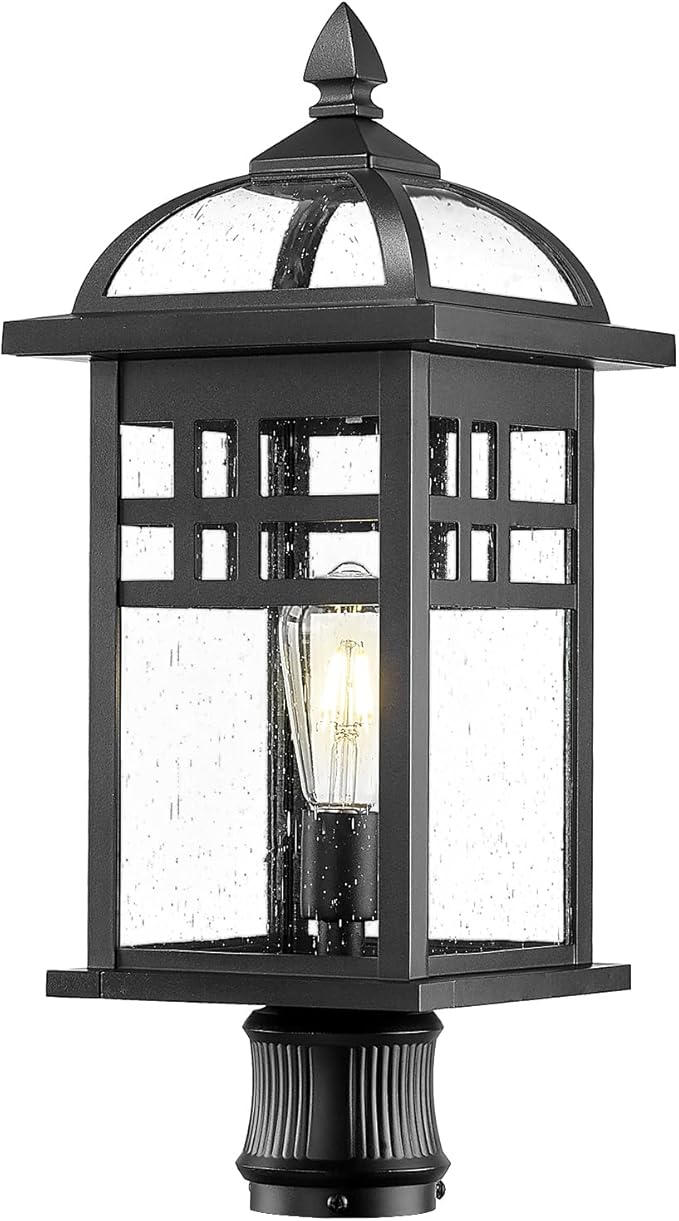 Emliviar 22" Outdoor Post Light, Large Exterior Post Lamp for Garden Backyard, Die-cast Aluminum with Seeded Glass, Black Finish, DE281P-M BK