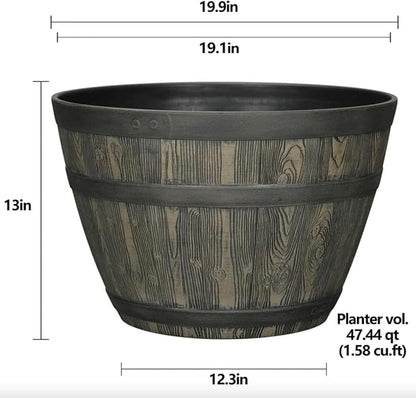 Rustic Whiskey Barrel Planter 19.9 Inch - Durable Plastic - Indoor/Outdoor Decor - Easy Knock-Out Drainage Holes - Lightweight & Frost Proof