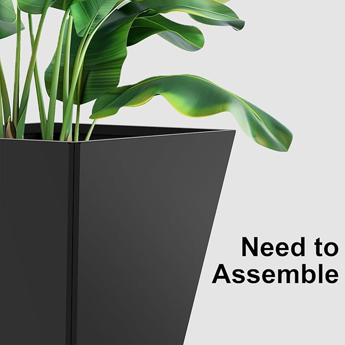 14 Inch Black Tall Planters for Outdoor Plants, Large Metal Taper Plant Pot with Drainage Hole for Garden Patio Front Door