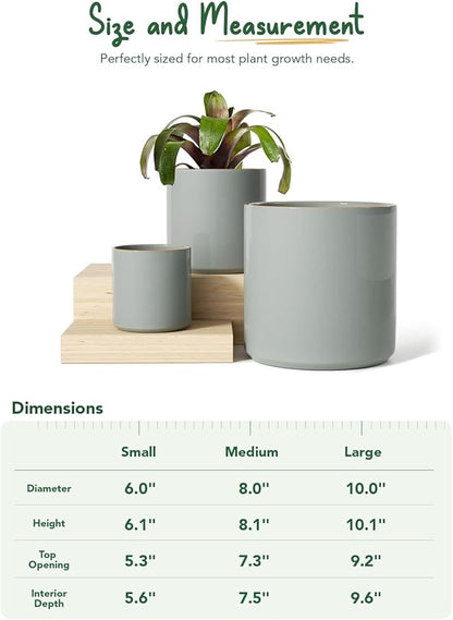 LE TAUCI Ceramic Pots for Plants, 10/8/6 Inch Indoor Planters with Draiange Hole, Silicone Plug & Mesh Pad, Modern Minimalist Pots for Home Office, Set of 3, Glossy, Mist Gray