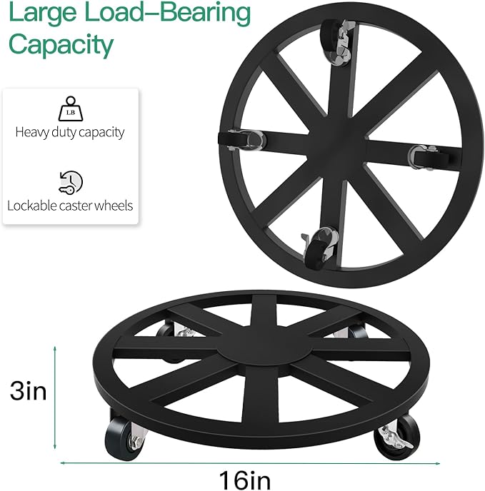 16" Plant Caddy with Wheels, 2 Pack Metal Rolling Plant Stand Round Plant Dolly with Iron Lockable Casters Heavy Duty Pot Mover Rollers