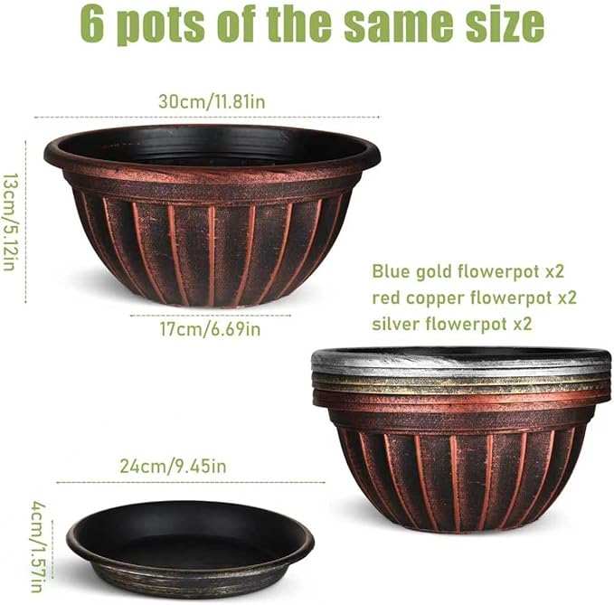 NIKONIKO 12 Inch Plant Pots, 6-Pack Plastic Wide Ribbed Planters with Drain Holes & Trays, Fluted Design Flower Pots for Indoor and Outdoor Plants