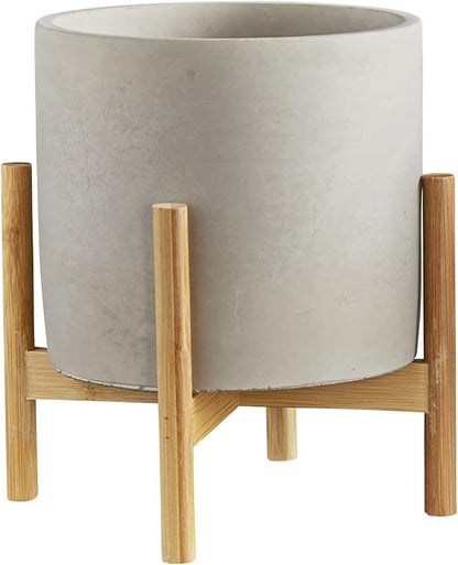 47th & Main Mid-Century Modern Wooden Plant Stand with Cement Planter for Succulents Flowers and More, Large, Light Grey