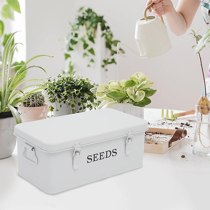 Seed Storage Box Metal Seed Container Seed Packet Storage Organizer, Seed Storage Container with Lid Seed Envelope Storage Box-4 Compartments Garden Seed Box with Safety Locks-White
