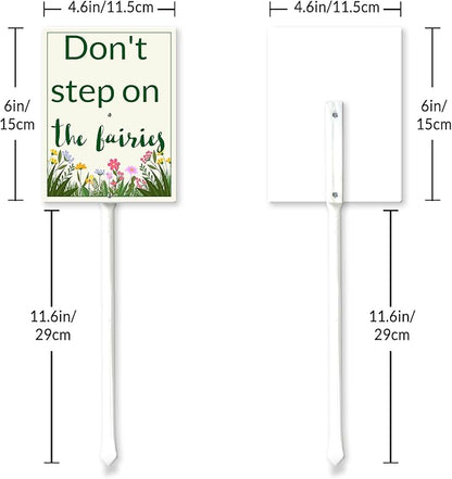 Garden Sign With Stake Don't Step On The Fairies Aluminium Sign 6x4.6inch Modern White Rectangular Fairy Garden Decorative Sign