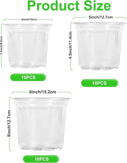 JERIA 30 Pack 6/5/4Inch Clear Nursery Pots with Drainage Holes, Clear Plant Pot for Planting, Transparent Plastic Plant Pots,Durable Seed Starting Pot for Succulents