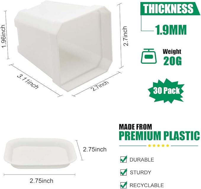 foxany 30 Pcs 3" Nursery Pot, Thick Plastic Square Flower Planting Pots, Plant Seedling Pots, 30 Seed Starting Pots with 30 Saucers - White