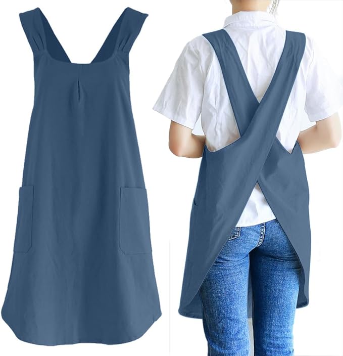 NEWGEM Japanese Linen Cross Back Cooking Aprons for Women Men with Pockets Cute for Baking Kitchen