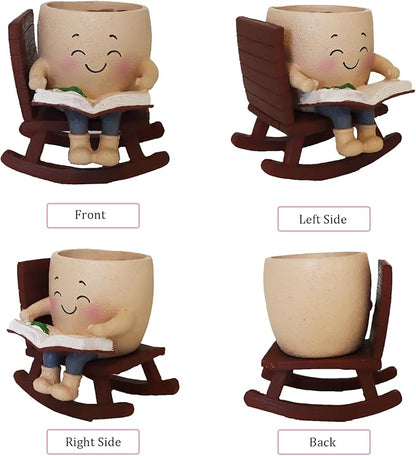 Cute Plant Pots Head Planters, Funny Rocking Chair Reading Book Planter Cactus Face Pot with Drainage Hole for Indoor Outdoor Plants, Unique Plant Lover Gifts