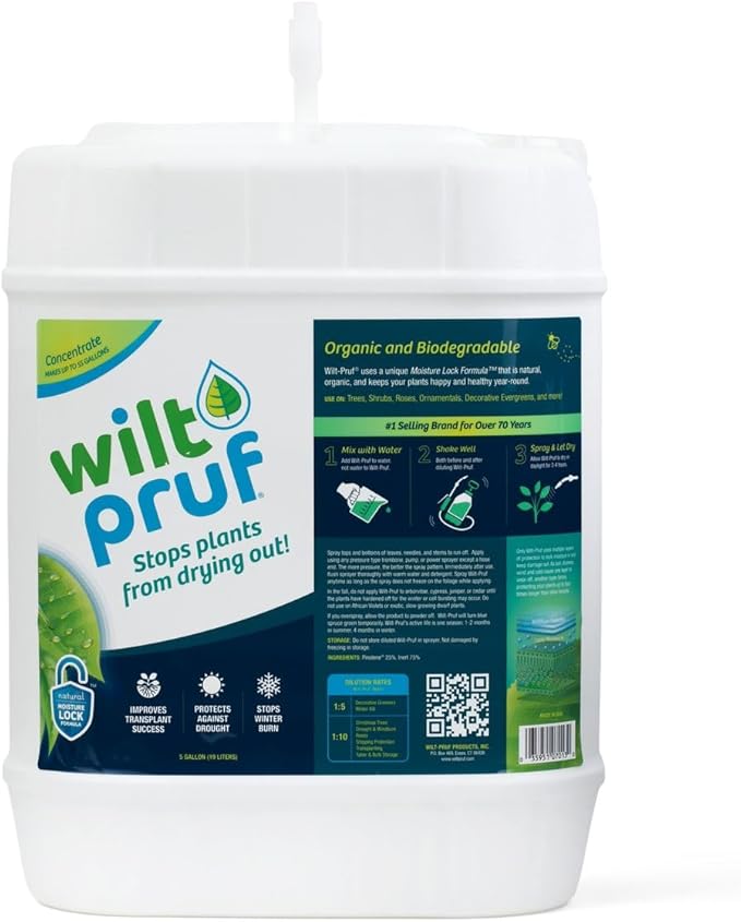 Wilt-Pruf® Concentrate | Protect Against Winter Damage, Drought, and Stress | Just Spray & Let Dry | Locks in Moisture w/Clear Foliar Film | Professional-Grade & Trusted | Replaces Burlap | (5 Gal)