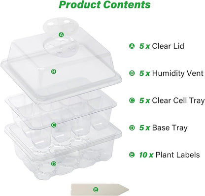 Bonviee 5-Pack Seed Starter Trays for Indoor Germination – Humidity Dome to Regulate Temperature & Humidity, Clear Tray for Root Observation, Drain Holes to Prevent Overwatering (5 Packs, Clear)