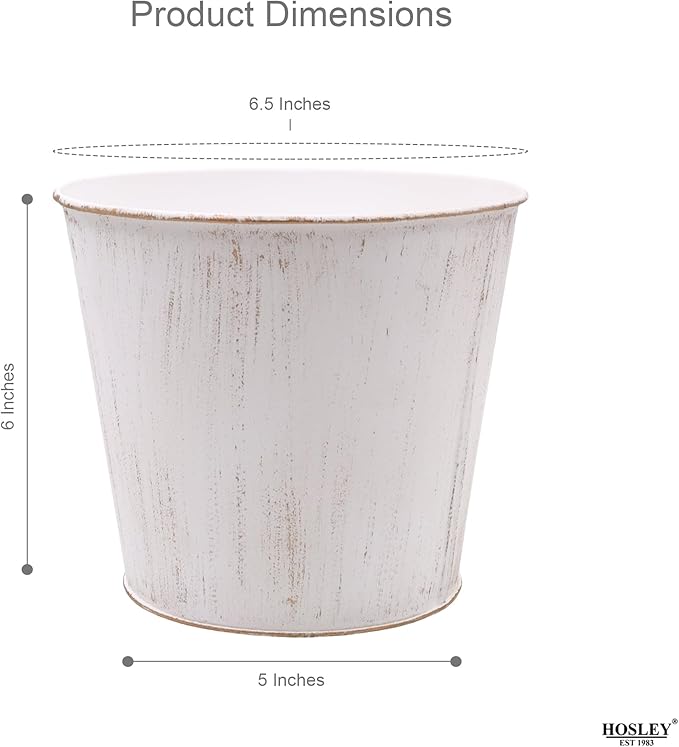 Hosley Set of 2 White Bucket/Pots with PVC Liner, 6.5" Dia x 6" H Ideal Gift for Floral Arrangements Wedding Home Office Party DIY Indoor Outdoor Garden Patio