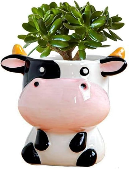 Ceramic Succulent Plant Pot Cactus Plant Pot Flower Pot Container Planter with Drainage Hole Home Office Desk Garden Gift Idea Animal Shaped Flower Pot Cute Vase Pot (Sit Down Cow)