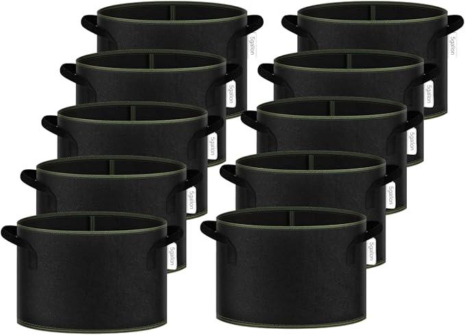 iPower 15-Gallon 10-PCS Thickened Grow Bag Nonwoven Fabric Pots with Handles Heavy Duty Aeration Container for Garden and Planting Vegetable Flowers, Black with Green Stitch Sewing