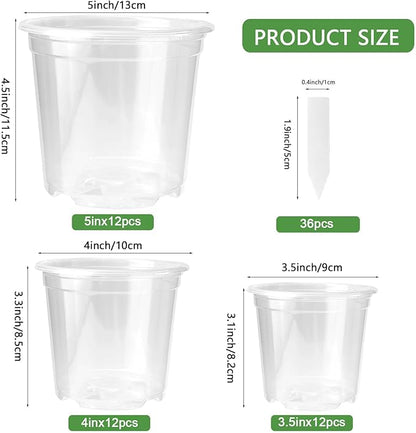 Wironlst 36 Packs 3.5/4/5 Inch Clear Nursery Pots for Plants, Transparent Plastic Pots for Plants with Drainage Holes Durable Seed Starter Pot Flower Pots with 36 Plant Labels