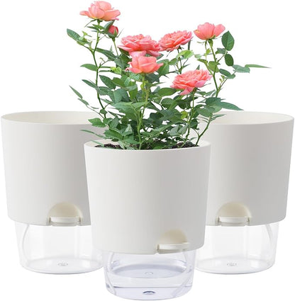 6 Inch Self Watering Planter Pots for Indoor Plants, 3 Packs African Violet Pots with Wick Rope and Visible Reservoir Self Watering Planter for Herb, Houseplants