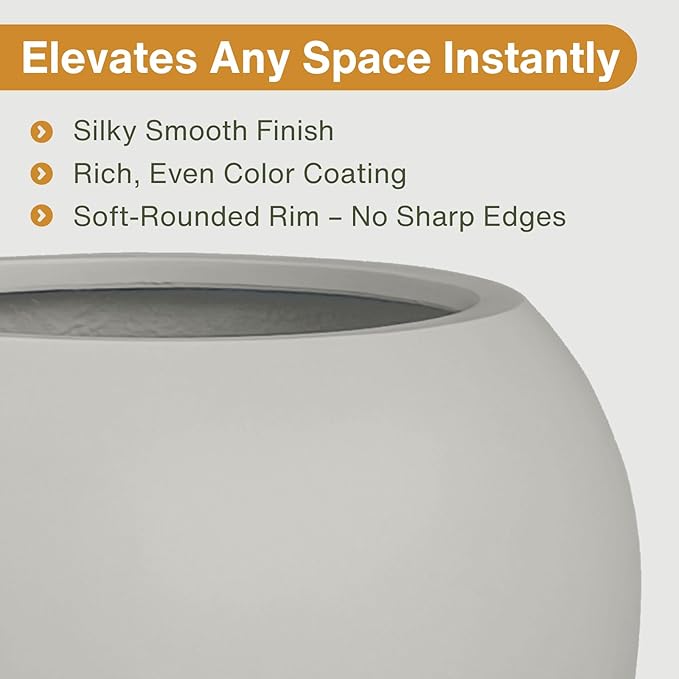 9.7"H x 12"D Globo Fiberstone Round Planter with Drainage Hole, Smooth Finishes, Weather Resistant for Indoor & Outdoor Use, Included 2 Extra Coco Mats (Light French Gray, 7.8" Pot Opening)
