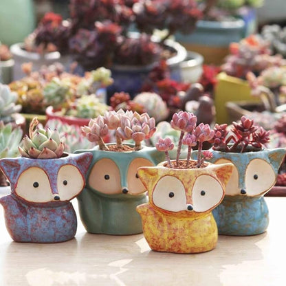 4 Pack Cute Fox Shape Ceramic Succulent Plant Pots Cactus Plant Pot Flower Pot with A Hole for Home & Office Decor