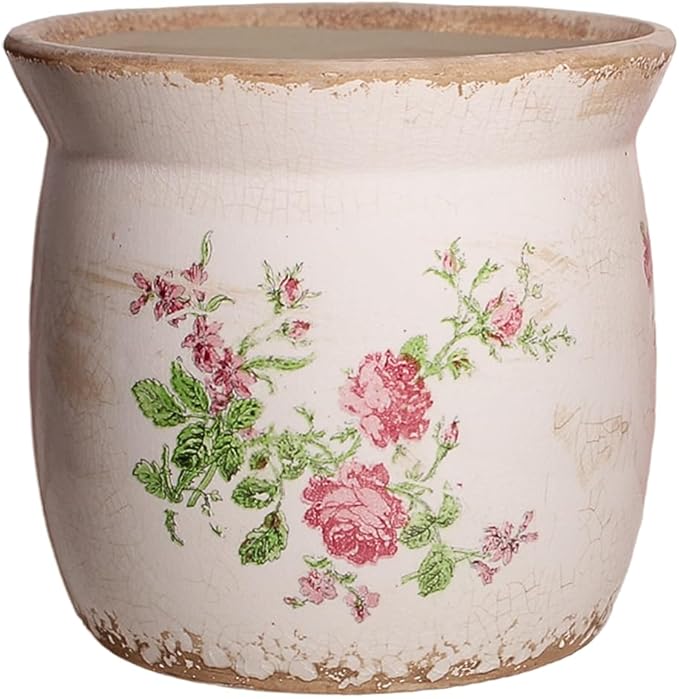 Cottage Ceramic Pots for Plants, 6.21 Inch Vintage Shabby Chic Planters for Indoor Plants, French Country Spring Balcony & House Decor, Pink Floral Vases for Centerpieces, Gardening Gifts