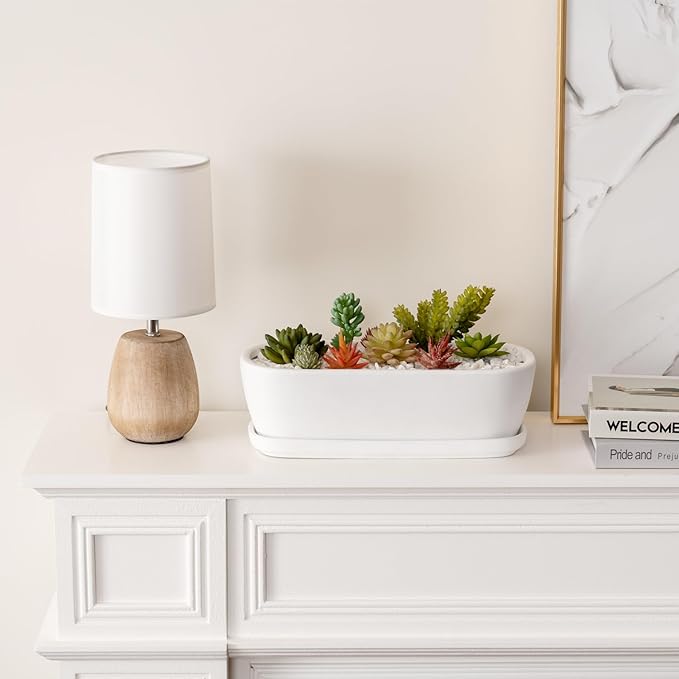 MyGift 14 Inch Oval Modern Matte White Ceramic Succulent Planter Pot with Drainage Hole and Removable Saucer, Decorative Indoor House Plant Container for Flowers, Cactus, Herbs