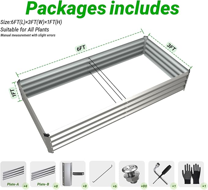 2PCS 6x3x1 FT Rectangle Metal Raised Garden Bed Kit, Elevated Garden Planter Box Outdoor, Large Planters for Outdoor Plants, Flower, Vegetables, Fruit, Herbs (Silver)