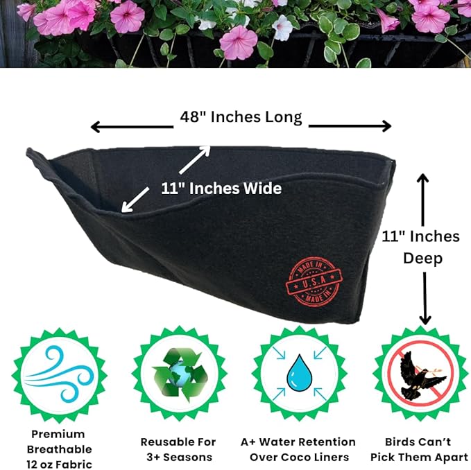 48 Inch Fabric Trough Coco Liner Replacement for Window Basket Flower Planter - 48" Coconut Coco Fiber Alternative for Hanging Basket Planters. Use 3+ Seasons - Made in The USA!