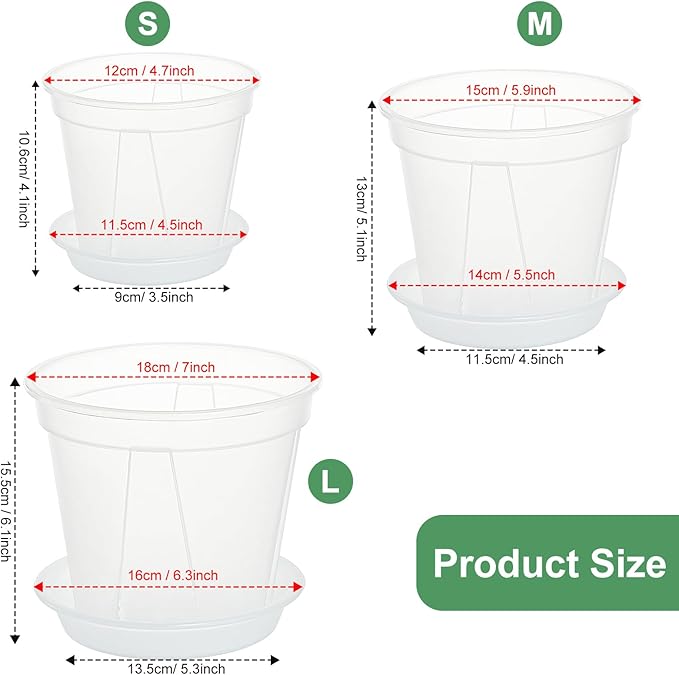 Plant Pots 7/6/4.7 Inch Set of 6, Clear Plastic Nursery Pots with Drainage Holes and Saucers, Flowers Planter Pots for Indoor Outdoor Plants (Variety Size, Clear)