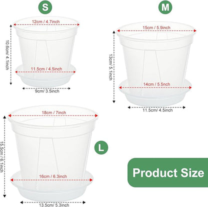 Plant Pots 7/6/4.7 Inch Set of 6, Clear Plastic Nursery Pots with Drainage Holes and Saucers, Flowers Planter Pots for Indoor Outdoor Plants (Variety Size, Clear)