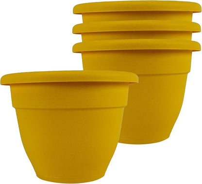 The HC Companies 8 Inch Caribbean Planter Pots with Drainage & Plug, Rolled Rim Plastic Planters for Indoor & Outdoor Plants, 4-Pack Decorative Flower Pots for Garden, Office & Home Decor, Honey