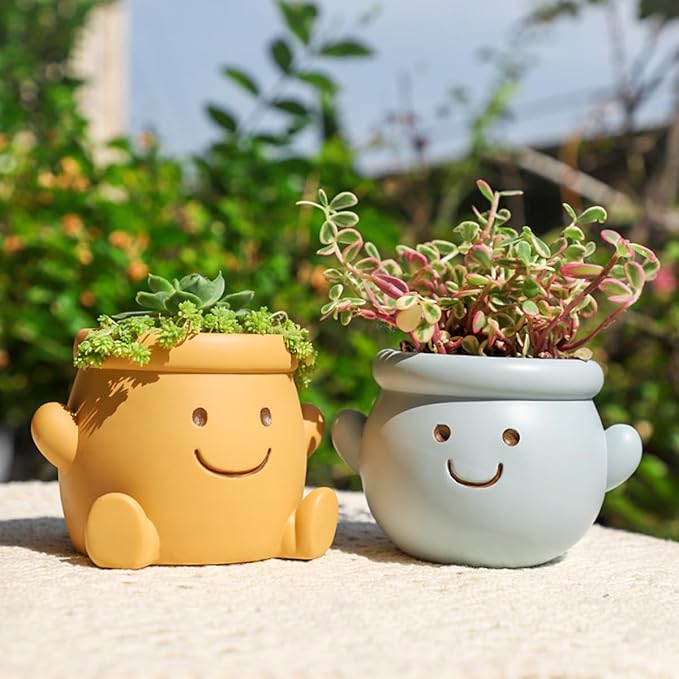 Cute Face Planter Pot, Small Resin Head Planters for Indoor Plants, Funny Smiling Face Flower Pot Succulent Planter with Drainage Hole, Gift IdeaI for Birthday Christmas (Blue)