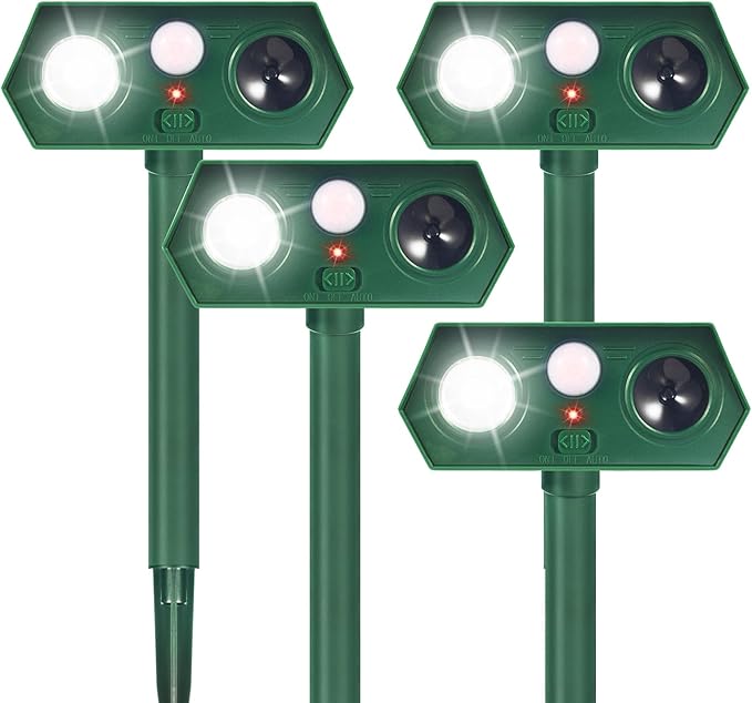 2026 Upgraded Solar Ultrasonic Animal Repellent Cat Deterrent Outdoor Motion Activated with Flash Light Repeller Keep Squirrel Deer Dog Raccoon Skunk Rabbit Away from Yard Garden Lawn 4 Pack