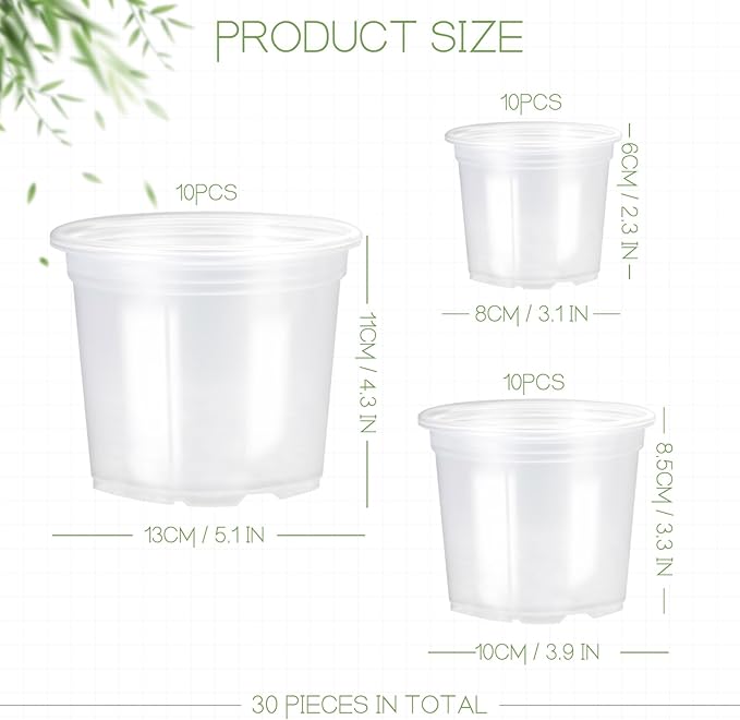 3/4/5 Inch Nursery Pot,30 Pack Clear Pots with Drainage, Plastic Pots for Planting Vegetables Flowers Seedlings